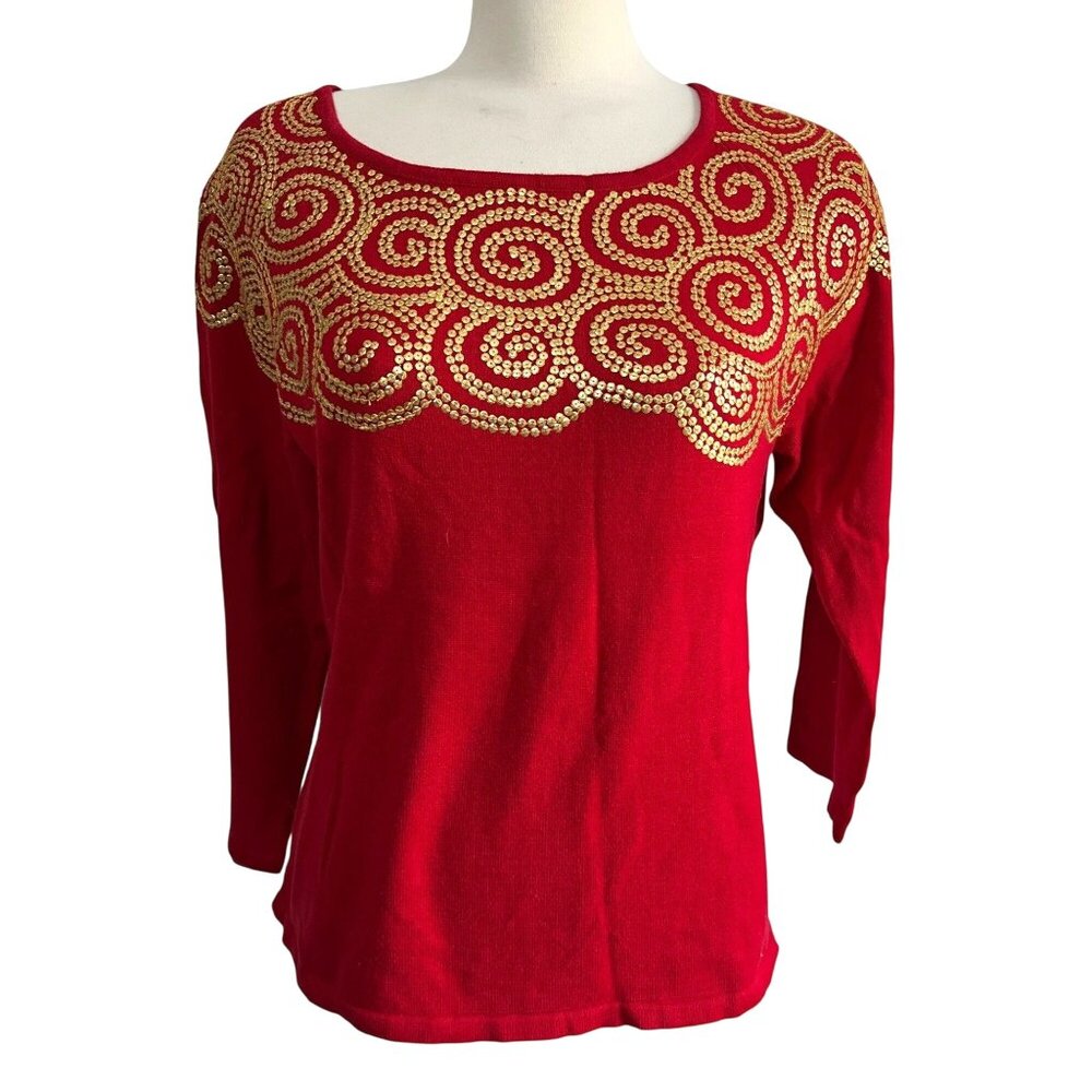 Vintage Linea by Louis Dell'Olio Red & Gold Sequin Sweater Sz Large Womens